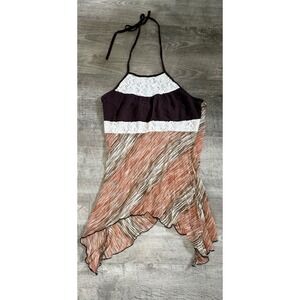 VTG Womens Small Y2K Asymmetrical Brown Tank Top Flowy‎ Shirt Halter 90s Fairy
